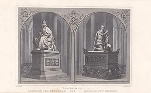 Speyer, Denkmale von Rudolf von Habsburg und Adolph von Nassau, Stahlstich um 1850 von J.W. Bauma...
