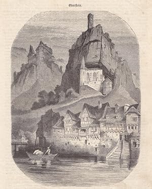 Idar Oberstein an der Nahe, Felsenkirche, Burgruine, Holzstich um 1880 mit Blick auf die Uferbeba...