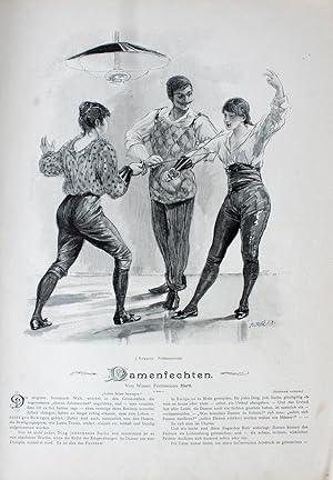 "Damenfechten" originaler Holzstich ca.26x22cm (Darstellung / image size) auf Papier; um 1890