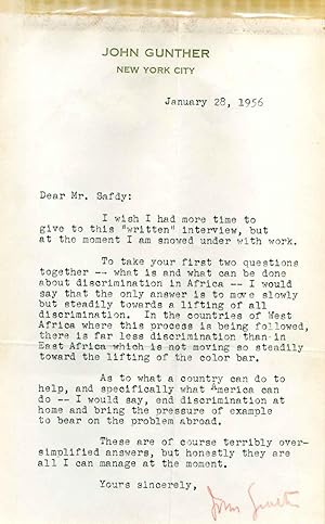 Letter typed and signed by John Gunther on the question of discrimination in Africa months after ...