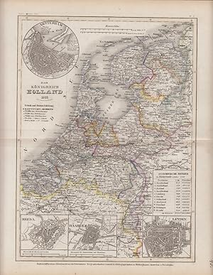 HOLLAND - DAS KÖNIGREICH HOLLAND, mit vier kleinen Nebenkarten von Amsterdam, Breda, Haarlem und ...