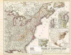 Bild des Verkufers fr Staaten am Atlantischen Ozean. Large map of the Eastern States of the United States of America on the Atlantic Ocean with small inside maps of New York, Eastern Virginia and the Lower Mississippi. Colored steel engraving by Plath after Ravenstein from Meyer's Hand-Atlas 1867 zum Verkauf von historicArt Antiquariat & Kunsthandlung