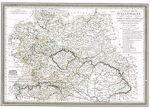 Bild des Verkufers fr Carte Gnrale d'Allemagne Comprenant l'Empire d'Autriche, la Confderation Germanique, le Royaume de Prusse, la Pologne et la Suisse. Groe grenzkolorierte Landkarte der Gebiete des Deutschen Bundes, dem Knigreich Preussen, sterreich, Ungarn, der Schweiz, Bhmen und Polen. Original-Stahlstich von Giraldon Bovinet 1824 zum Verkauf von historicArt Antiquariat & Kunsthandlung