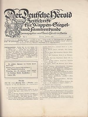 Bild des Verkufers fr Der Deutsche Herold. Nr. 1, April 1920. 51. Jahrgang. Zeitschrift fr Wappen-, Siegel- und Familienkunde. Aus dem Inhalt: Bericht ber die Festsitzung des Vereins 'Herold' aus Anla seines fnfzigjhrigen Stiftungsfestes im Hrsaal des Kunstgewerbenmuseums zu Berlin / Facsimilia aus einem alten Wappenbuch (ohne die Kunstbeilage) / Stephan Kekule von Stradonitz: Festrede zum Gedenktage des fnfzigjhrigen Bestehens des 'Herold' / Adolf Closs: Wappenkunst und Trachtenkunde. zum Verkauf von Antiquariat Carl Wegner