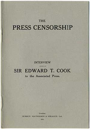 Bild des Verkufers fr The Press Censorship. Interview give by Sir Edward T. Cook to the Associated Press zum Verkauf von Between the Covers-Rare Books, Inc. ABAA