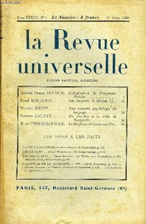 Image du vendeur pour LA REVUE UNIVERSELLE TOME 37 N1 - Gnral Serge SAVITCH.L'Abdication de l'empereur Nicolas. Ren BENJAMIN. Les Augures de Genve. II. .Marcel BRION. Une nouvelle psychologie du langage. Robert LAUNAY. Un Jacobin  la solde de Bonaparte. mis en vente par Le-Livre