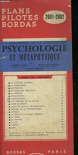 Seller image for PLANS PILOTES BORDAS - 2001 - 2002 - 1 - PHILOSOPHIE DE LA CONNAISSANCE PSYCHOLOGIE ET METAPHYSIQUE for sale by Le-Livre