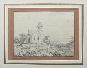 Ansicht einer Wallfahrtskirche in Voralpenlandschaft. Bleistiftzeichnung, signiert und datiert