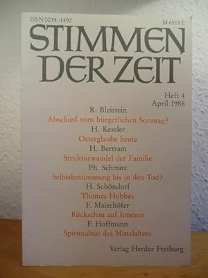 Seller image for Stimmen der Zeit. 206. Band, Heft 4, April 1988 (113. Jahrgang) for sale by Antiquariat Weber