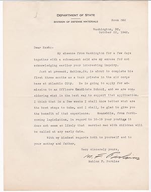 TYPED LETTER SIGNED BY AMERICAN DIPLOMAT MAHLON F. PERKINS REGARDING AN APPLICATION TO OFFICER CA...