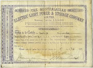 Australasian Electric Light, Power & Storage Company Share Certificates 1887