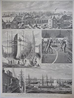 Orig. Holzstich Deutschland - Holstein: Die Schiffswerfte der kaiserlichen Marine in Kiel. Vielan...