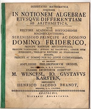 Dissertatio Mathematica Inquirens In Notionem Algebrae Eiusque Differentiam Ab Arithmetica.