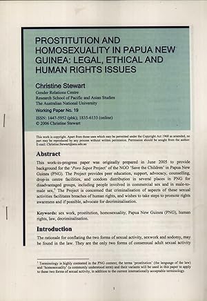 Image du vendeur pour Prostitution and Homosexuality in Papua New Guinea: Legal, Ethical and Human Rights Issues (Working Paper Series, 19) mis en vente par Masalai Press