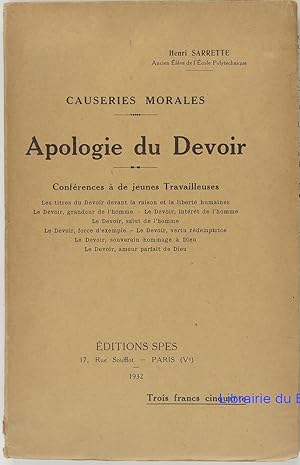 Image du vendeur pour Causeries, morales. Apologie du devoir Confrences  de jeunes travailleurs mis en vente par Librairie du Bassin