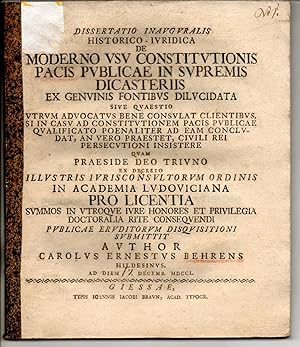 Immagine del venditore per Juristische Inaugural-Dissertation. De moderno usu constitutionis pacis publicae in supremis dicasteriis. venduto da Wissenschaftliches Antiquariat Kln Dr. Sebastian Peters UG