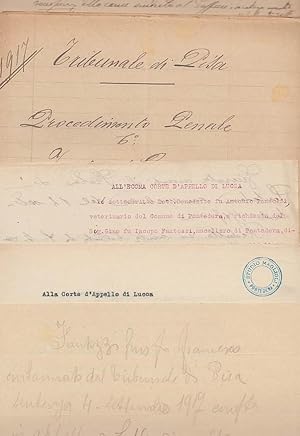 Seller image for DOCUMENTI MANOSCRITTI E DATTILOSCRITTI INERENTI UNA CAUSA PER FRODE IN COMMERCIO CHE VEDEVA IMPUTATO IL MACELLAIO FANTOZZI GINO DI PONTEDERA for sale by Arca dei libri di Lorenzo Casi