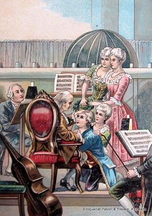 Imagen del vendedor de Mozart. Leben und Schaffen eines groen Knstlers. Der reiferen Jugend geschildert. Berlin, Globus, o.J. (ca. 1895). Mit 5 farbig lithographierten Tafeln. 2 Bl., 240 S. O4r.-Hlwd. mit Jugendstil-Ornamenten u. farbigem Deckelbild, ornamentale Vorstze; gelockert, Kanten bestoen, Gelenke etwas eingerissen u. fransig. a la venta por Jrgen Patzer