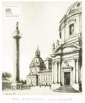 Roma. La Colonna Traiana. Ansicht der Trajanssäule mit der Basilica Ulpia auf dem Trajansforum in...