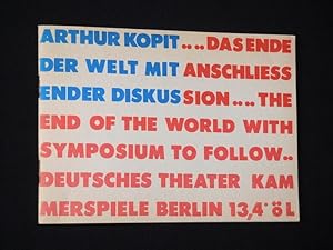 Bild des Verkufers fr Programmheft Deutsches Theater Berlin, Kammerspiele 1985/ 86. Deutschsprachige Erstauffhrung DAS ENDE DER WELT MIT ANSCHLIESSENDER DISKUSSION von Kopit. Regie: Alexander Stillmark, Bhnenbild: Jrgen Mller, Kostme: Ursula Wolf. Mit Klaus Piontek, Willi Schwabe, Christine Schorn, Horst Manz, Walter Lendrich, Annette Straube, Peter Borgelt, Peter Reusse zum Verkauf von Fast alles Theater! Antiquariat fr die darstellenden Knste