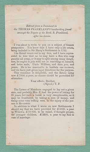 Image du vendeur pour Extract from a document in Sir Thomas Frankland's handwriting found amongst the papers of the Revd R Frankland after his demise mis en vente par Stephen Rench