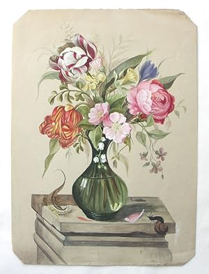 Blumenvase mit Rosen, Tulpen, Maiglöckchen etc. Aquarell, datiert und monogrammiert