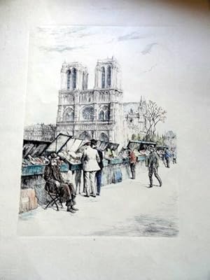 Original print of bookseller infront of his stall beneath Notre Dame Cathedral. Artist unknown.