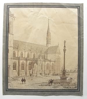 Gotische Kathedrale mit Mariensäule. Federzeichnung in Sepiaton, signiert und datiert