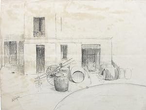 Studie einer Straßenszene mit Weinfässern. Bleistiftzeichnung, signiert