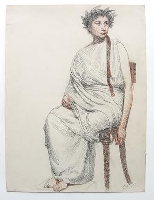 Porträt einer römischen Frau mit Lorbeerkranz und Toga. Farbige Kreidezeichnung, monogrammiert un...