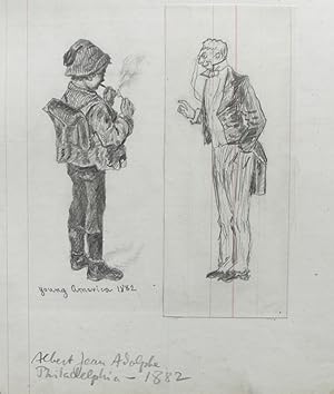 Young America 1882 . Pfeife rauchender Junge mit Schulranzen und Lehrer im Frack. Zwei Bleistiftz...