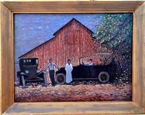 Barn in St. Paul with two figures and two1930s automobiles.