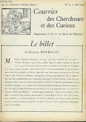 Bild des Verkufers fr COURRIER DES CHERCHEURS ET DES CURIEUX N 29 - Sur l'invasion des Sudois en Franche-Comt, sur le chateau de Castelnau, Bretenoux, sur la famille Brunet de Chailly, sur le sige de Frigolet, sur le Dcret Crmieux du 24 octobre 1870, sur les pourparlers zum Verkauf von Le-Livre