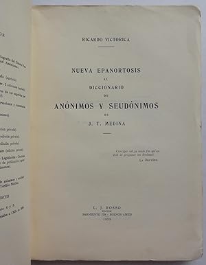 Imagen del vendedor de Nueva Epanortosis al Diccionario de Annimos y Seudnimos de J. T. Medina a la venta por George Ong Books