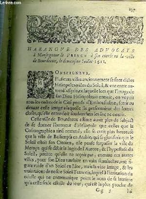 Seller image for EXTRAIT D'UN OUVRAGE DU 17E SIECLE : HARANGUE DES ADVOCATS A MONSEIGNEUR LE PRINCE A SON ENTREE EN LA VILLE DE BOURDEAUX LE DEUXIEME JUILLET 1611. for sale by Le-Livre