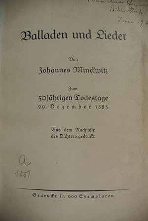 Seller image for Balladen und Lieder. Zum 50jhrigen Todestage, 29. Dezember 1885. for sale by Antiquariat Bookfarm