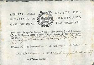 Passaporto originale : Deputati alla sanita' del vicariato di Brentonico uno de' quattro vicariat...