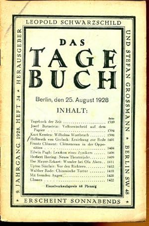 Bild des Verkufers fr Das Tagebuch. Berlin, 9. Jahrgang 1928, Heft 34. zum Verkauf von Antiquariat am Flughafen