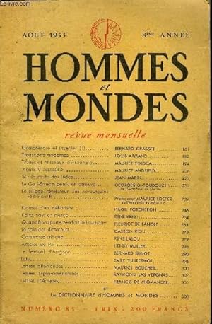 Image du vendeur pour LA REVUE HOMMES ET MONDES N 85 - Comprendre et inventer (II). BERNARD GRASSET .Transports modernes. LOUIS ARMANDTruites et ruisseaux d'Auvergne. MAURICE TOESCA.Henri IV assassin . MAURICE ANDRIEUX.Sur la route des Indes. mis en vente par Le-Livre