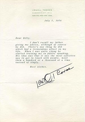 Letter typed and signed by Lowell Thomas.