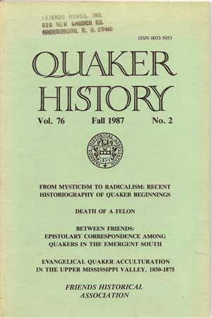 Bild des Verkufers fr Quaker History, Fall 1987 (Vol. 76, No. 2) zum Verkauf von Cat's Cradle Books