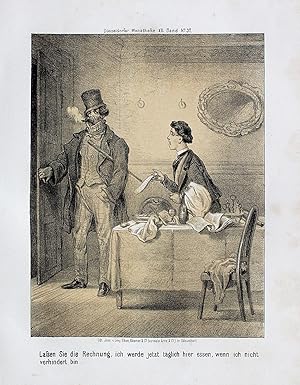 "Lassen Sie die Rechnung," originale Kreide-Lithographie über Tonplatte/chalk lithograph ca.20x1...