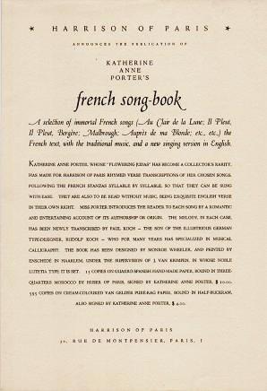 HARRISON OF PARIS ANNOUNCES THE PUBLICATION OF KATHERINE ANNE PORTER'S FRENCH SONG BOOK .