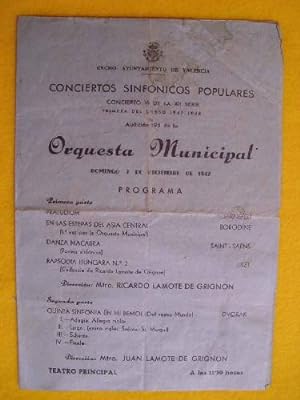 Seller image for ORQUESTA MUNICIPAL VALENCIA - CONCIERTOS SINFNICOS POPULARES Curso 1947 - 48 - PROGRAMA for sale by Librera Maestro Gozalbo