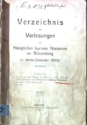 Bild des Verkufers fr Verzeichnis der Vorlesungen am Kniglichen Lyceum Hosianum zu Braunsberg im Winter-Semester 1911/12 zum Verkauf von books4less (Versandantiquariat Petra Gros GmbH & Co. KG)