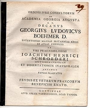 Bild des Verkufers fr De feudis ex veterum Francorum beneficiis enatis. Promotionsankndigung von Joachim Heinrich Schroeder aus Rostock. zum Verkauf von Wissenschaftliches Antiquariat Kln Dr. Sebastian Peters UG