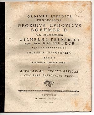 Bild des Verkufers fr De advocatiae ecclesiasticae cum iure patronatus nexu. Promotionsankndigung von Wilhelm Friedrich von dem Knesebeck aus Lneburg. zum Verkauf von Wissenschaftliches Antiquariat Kln Dr. Sebastian Peters UG