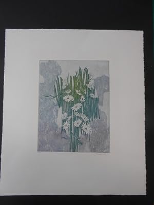 Janowitz, Henryk: Ohne Titel [Weiße Blüten auf blau- grünem Untergrund]. Original- Farb- Radierun...