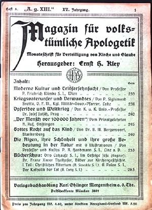 Bild des Verkufers fr Moderne Kultur und Erlsersehnsucht; in: Magazin fr volkstmliche Apologetik Heft 8, 15. Jahrgang, 1917 zum Verkauf von books4less (Versandantiquariat Petra Gros GmbH & Co. KG)