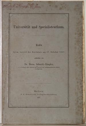 Imagen del vendedor de Universitt und Specialistenthum. Rede beim Antritt des Rectorats am 17. October 1880. a la venta por Antiquariat  Braun